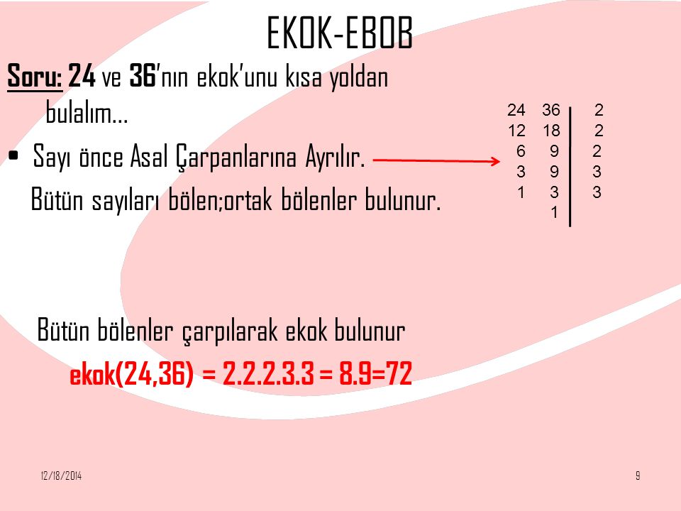 EKOK-EBOB Soru: 24 ve 36’nın ekok’unu kısa yoldan bulalım...