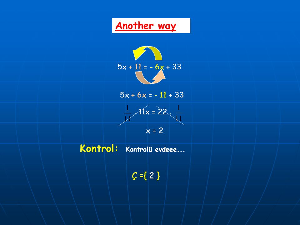 Another way Kontrol: Ç ={ 2 } 5x + 11 = - 6x x + 6x =