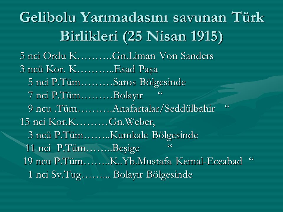 Gelibolu Yarımadasını savunan Türk Birlikleri (25 Nisan 1915)
