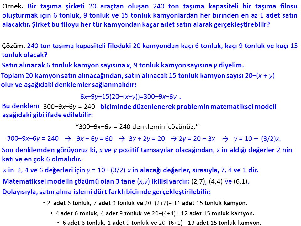 300–9x–6y = 240 biçiminde düzenlenerek problemin matematiksel modeli