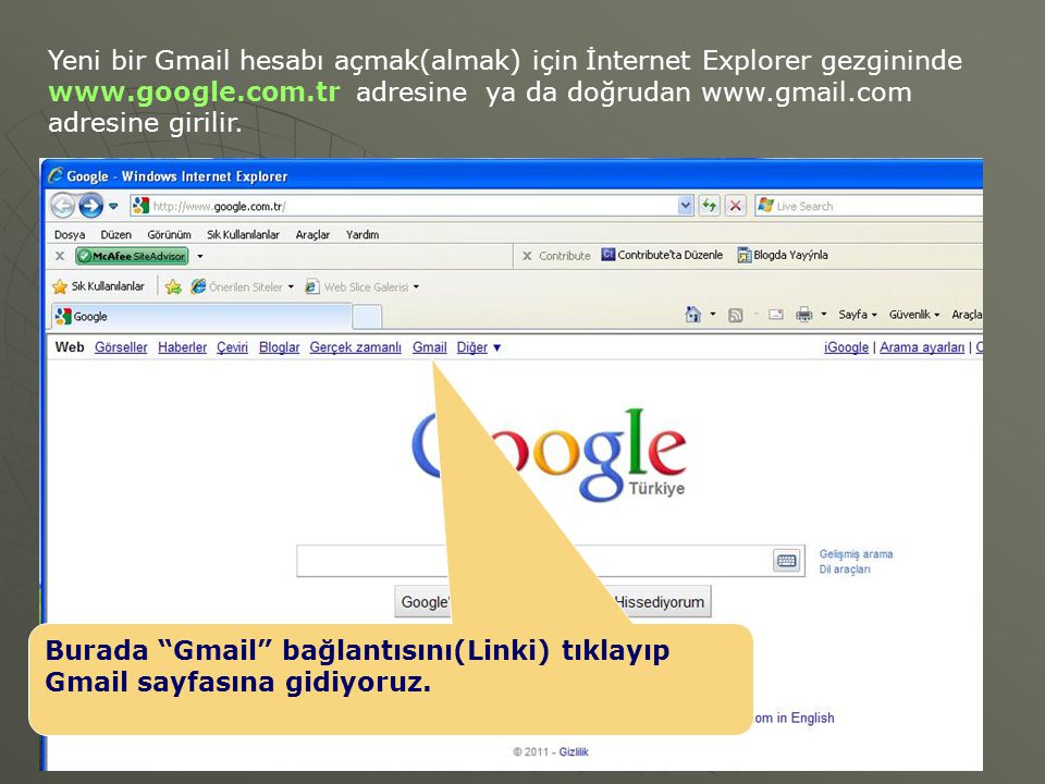 Yeni bir Gmail hesabı açmak(almak) için İnternet Explorer gezgininde   adresine ya da doğrudan   adresine girilir.
