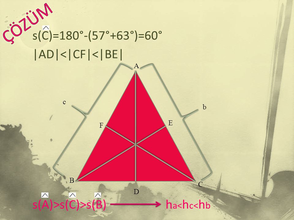 ÇÖZÜM s(C)=180°-(57°+63°)=60° |AD|<|CF|<|BE| s(A)>s(C)>s(B) ha<hc<hb A c b E F B C D