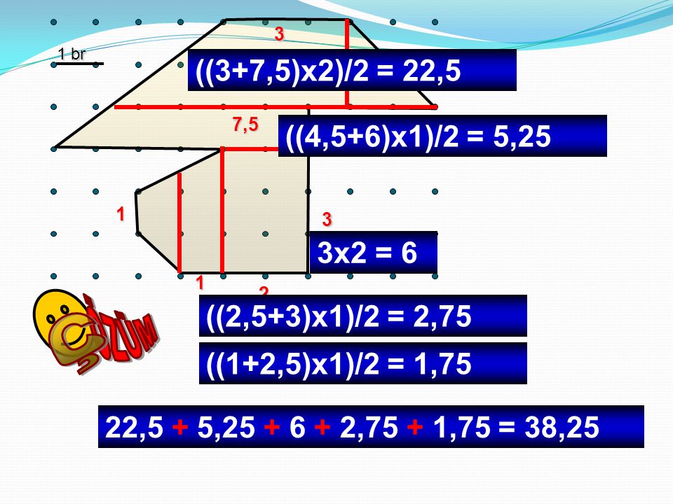 ÖZÜM Ç ((3+7,5)x2)/2 = 22,5 ((4,5+6)x1)/2 = 5,25 3x2 = 6