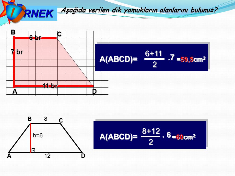 Ö RNEK A(ABCD)= =59,5cm A(ABCD)= =60cm2 2