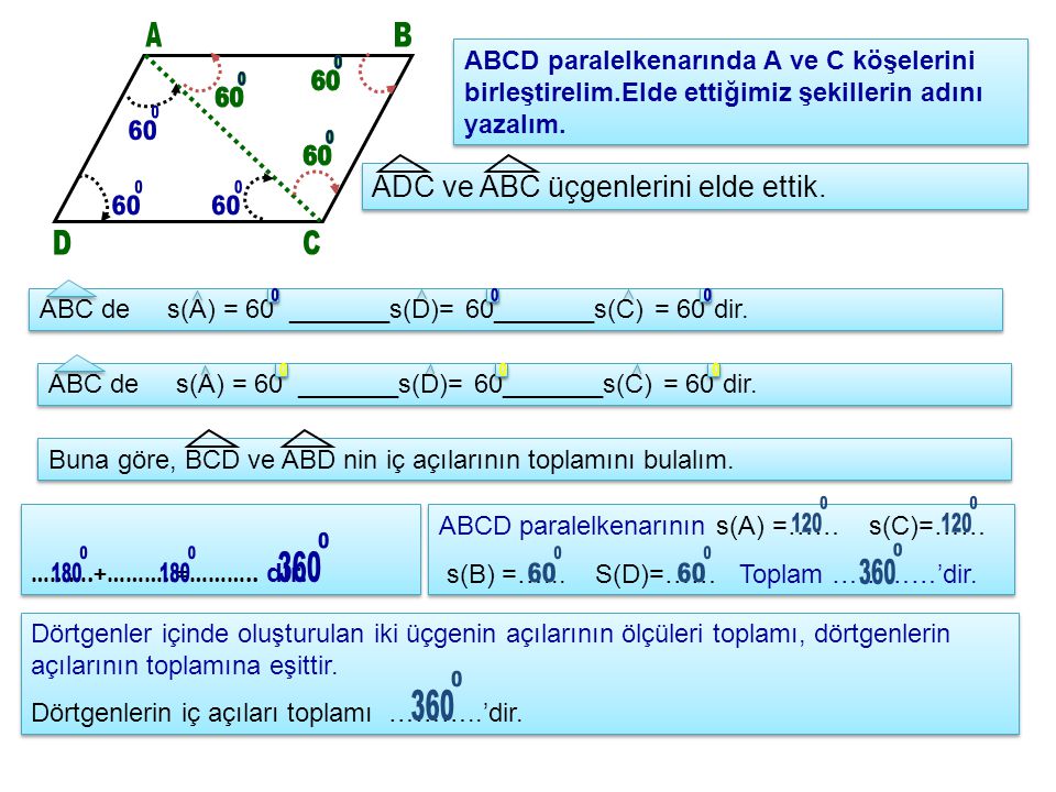 A B. ABCD paralelkenarında A ve C köşelerini birleştirelim.Elde ettiğimiz şekillerin adını yazalım.