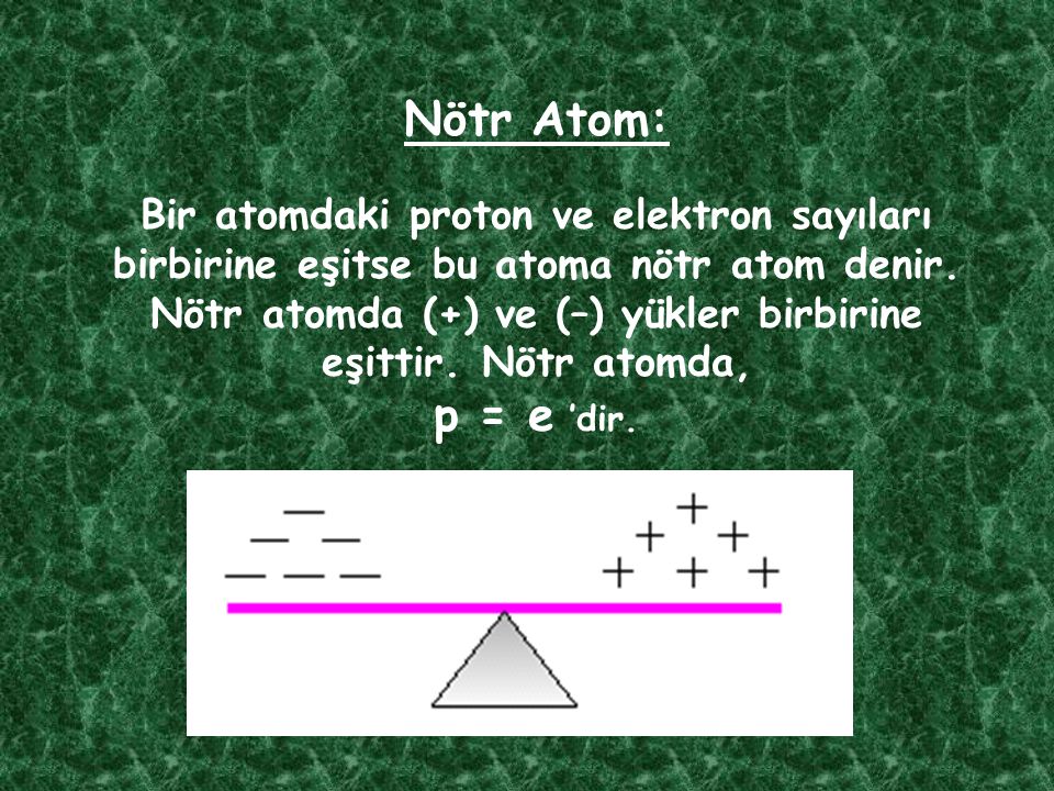 Nötr Atom: Bir atomdaki proton ve elektron sayıları birbirine eşitse bu atoma nötr atom denir.