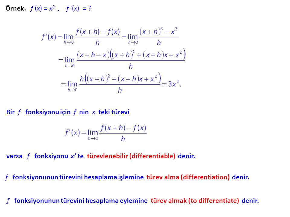 Örnek. f (x) = x3 , f (x) = Bir f fonksiyonu için f nin x teki türevi.
