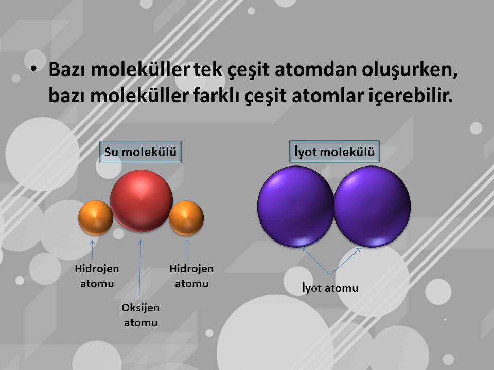 Bazı moleküller tek çeşit atomdan oluşurken, bazı moleküller farklı çeşit atomlar içerebilir.
