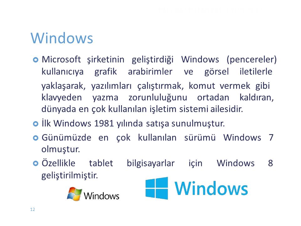 Windows şirketinin geliştirdiği Windows (pencereler) kullanıcıya