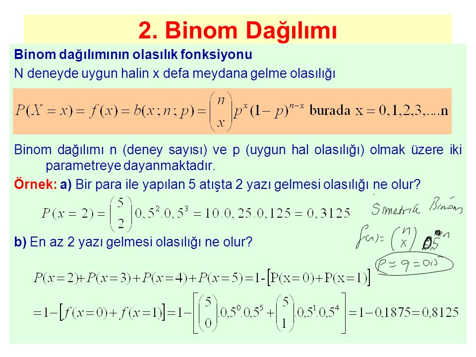 2. Binom Dağılımı Binom dağılımının olasılık fonksiyonu