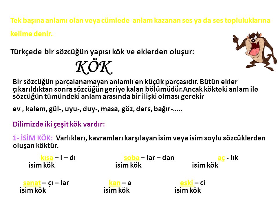 KÖK Türkçede bir sözcüğün yapısı kök ve eklerden oluşur: