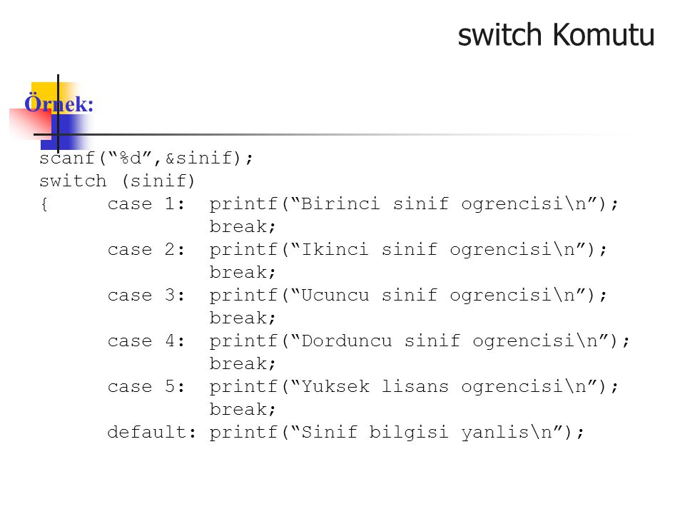 switch Komutu Örnek: scanf( %d ,&sinif); switch (sinif)