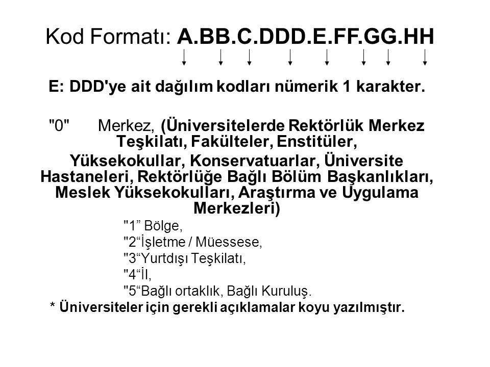 E: DDD ye ait dağılım kodları nümerik 1 karakter.