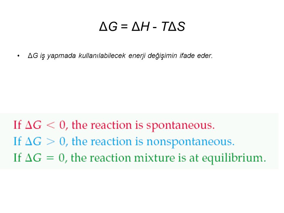 ΔG = ΔH - TΔS ΔG iş yapmada kullanılabilecek enerji değişimin ifade eder.