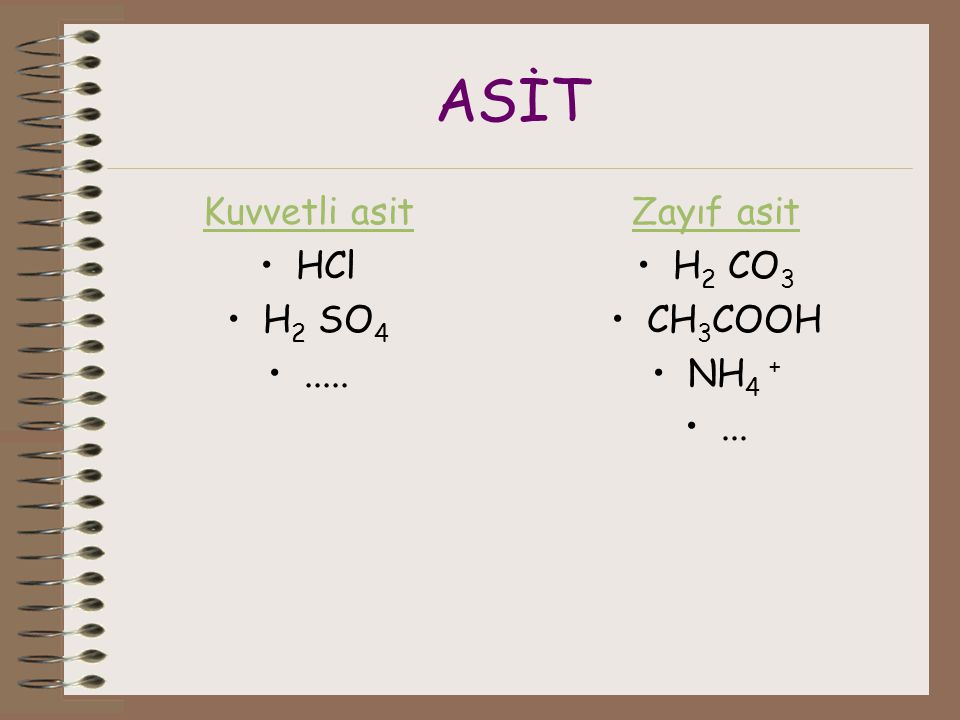 ASİT Kuvvetli asit HCl H2 SO Zayıf asit H2 CO3 CH3COOH NH4 +