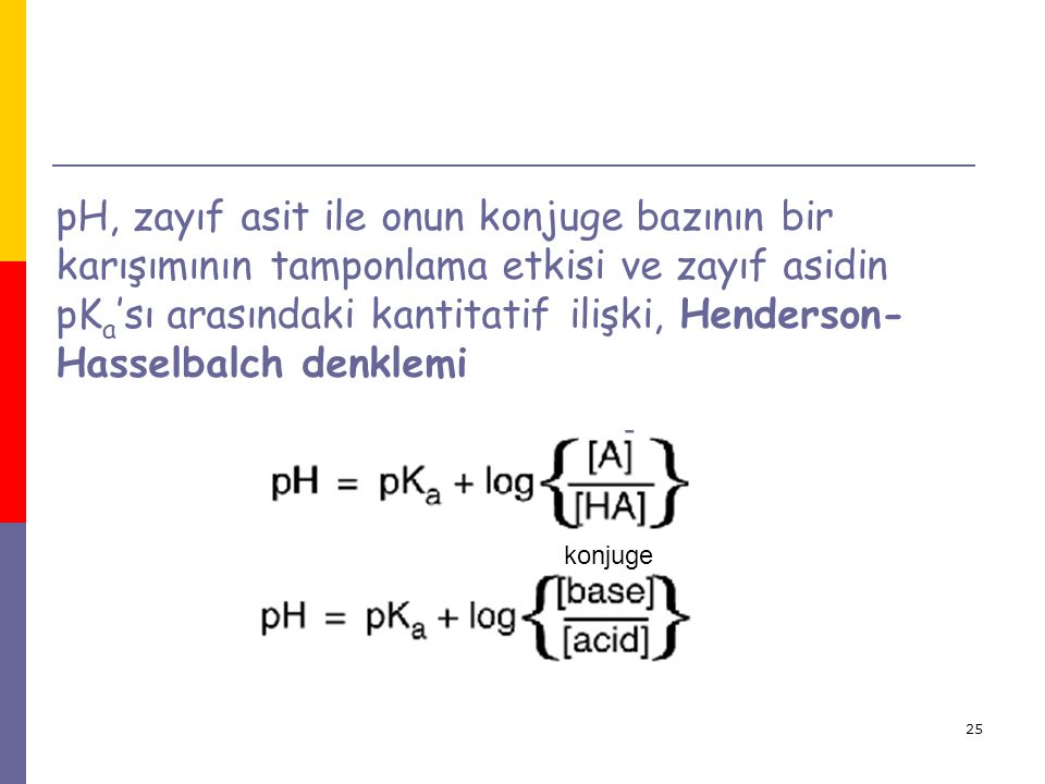 pH, zayıf asit ile onun konjuge bazının bir karışımının tamponlama etkisi ve zayıf asidin pKa’sı arasındaki kantitatif ilişki, Henderson-Hasselbalch denklemi