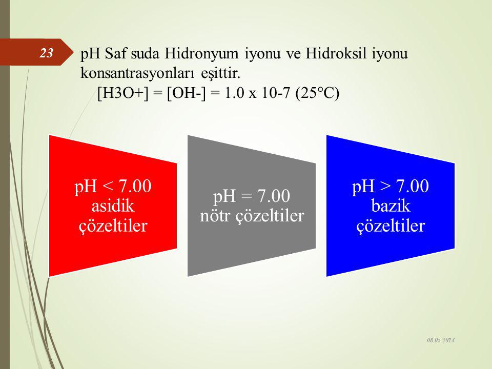 pH < 7.00 asidik çözeltiler pH = 7.00 nötr çözeltiler