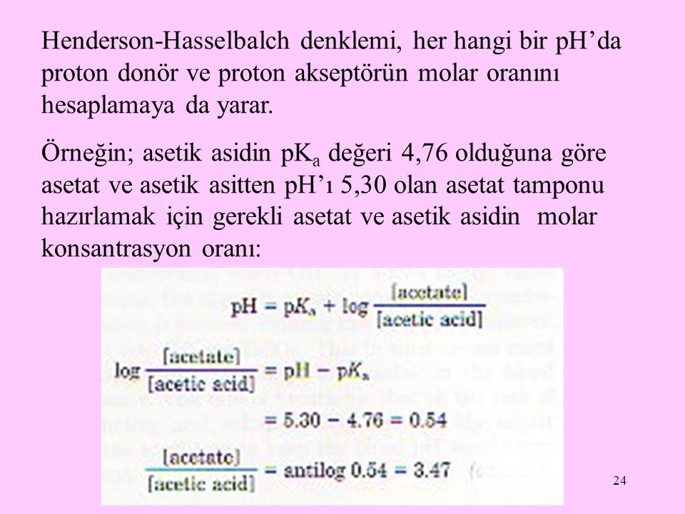 Henderson-Hasselbalch denklemi, her hangi bir pH’da proton donör ve proton akseptörün molar oranını hesaplamaya da yarar.