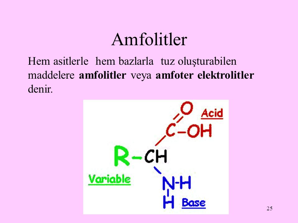 Amfolitler Hem asitlerle hem bazlarla tuz oluşturabilen maddelere amfolitler veya amfoter elektrolitler denir.
