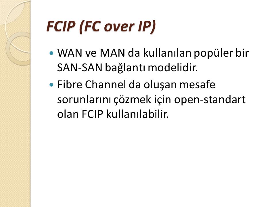 FCIP (FC over IP) WAN ve MAN da kullanılan popüler bir SAN-SAN bağlantı modelidir.