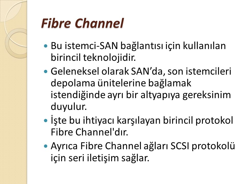 Fibre Channel Bu istemci-SAN bağlantısı için kullanılan birincil teknolojidir.