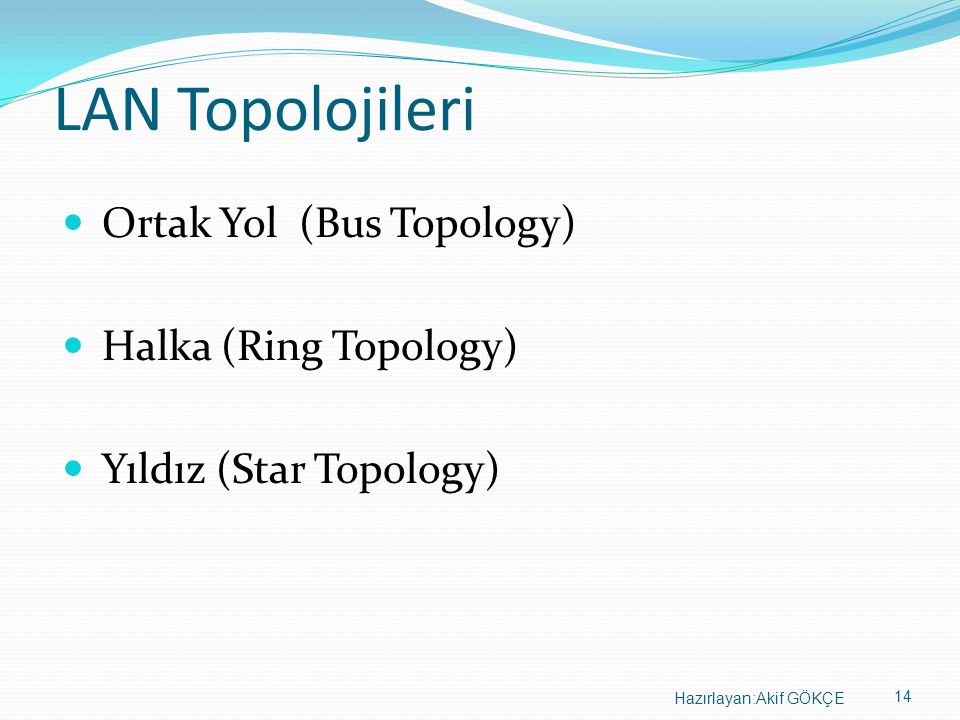 LAN Topolojileri Ortak Yol (Bus Topology) Halka (Ring Topology)