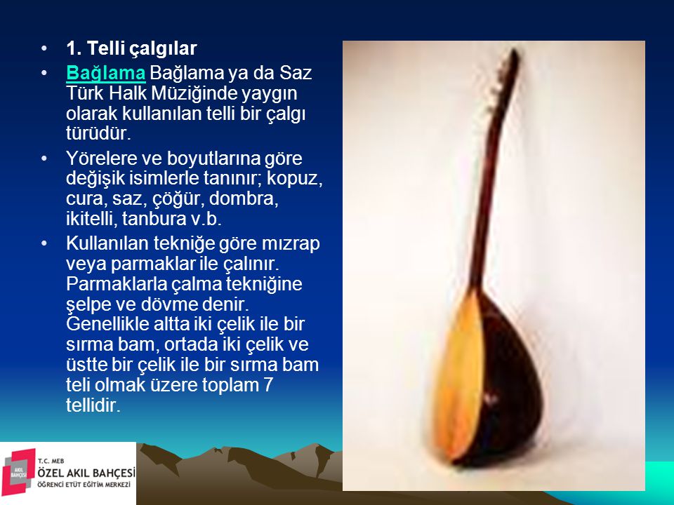 1. Telli çalgılar Bağlama Bağlama ya da Saz Türk Halk Müziğinde yaygın olarak kullanılan telli bir çalgı türüdür.