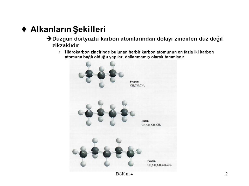 Alkanların Şekilleri Düzgün dörtyüzlü karbon atomlarından dolayı zincirleri düz değil zikzaklıdır.
