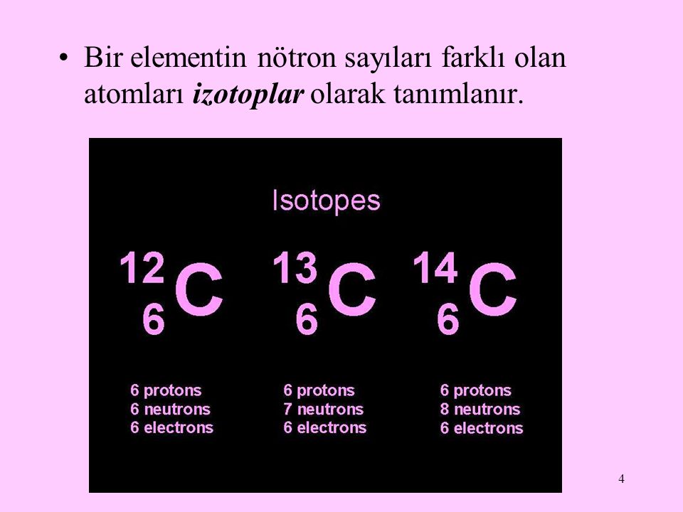 Bir elementin nötron sayıları farklı olan atomları izotoplar olarak tanımlanır.