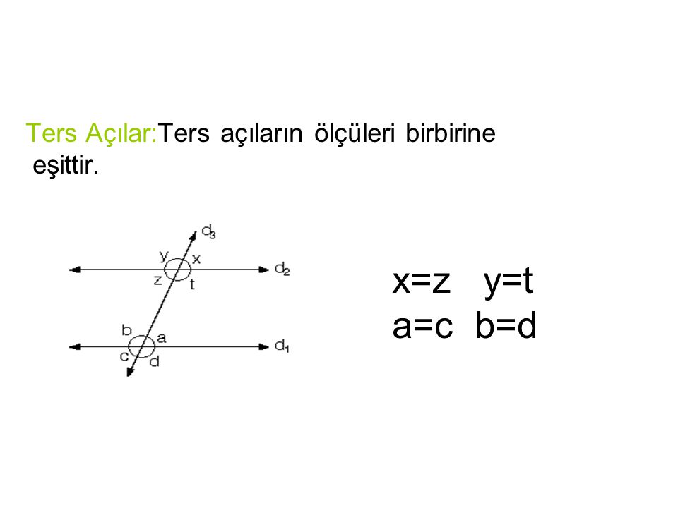 Ters Açılar:Ters açıların ölçüleri birbirine eşittir. x=z y=t a=c b=d