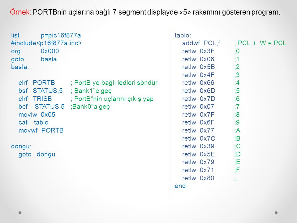 Örnek: PORTBnin uçlarına bağlı 7 segment displayde «5» rakamını gösteren program.