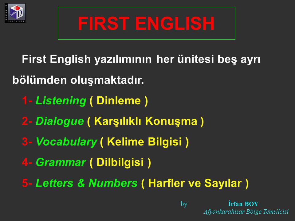 FIRST ENGLISH First English yazılımının her ünitesi beş ayrı bölümden oluşmaktadır. 1- Listening ( Dinleme )