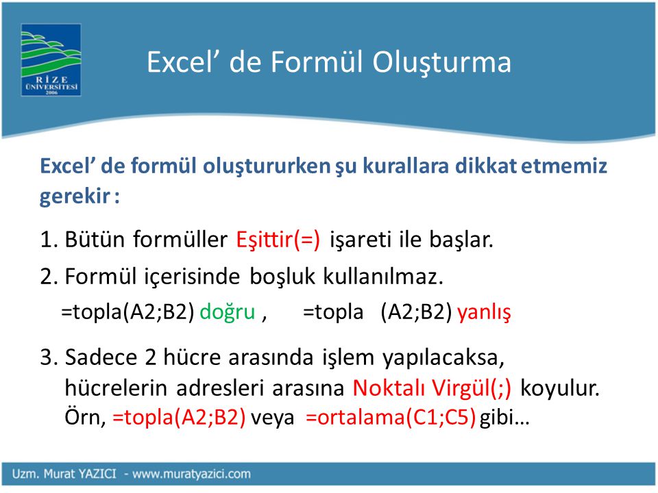 Excel’ de Formül Oluşturma