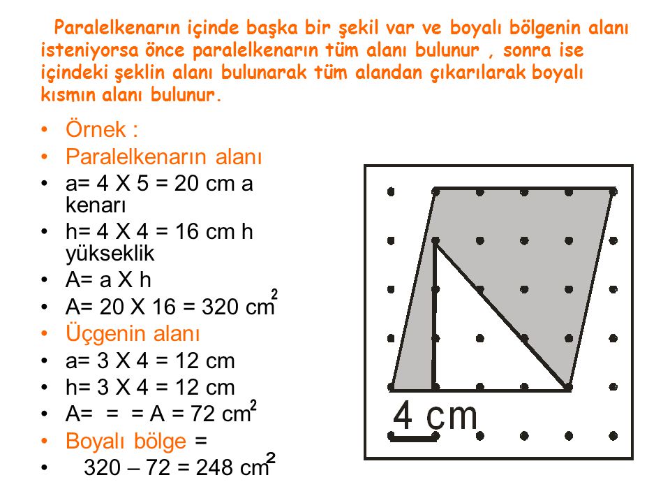 Örnek : Paralelkenarın alanı a= 4 X 5 = 20 cm a kenarı