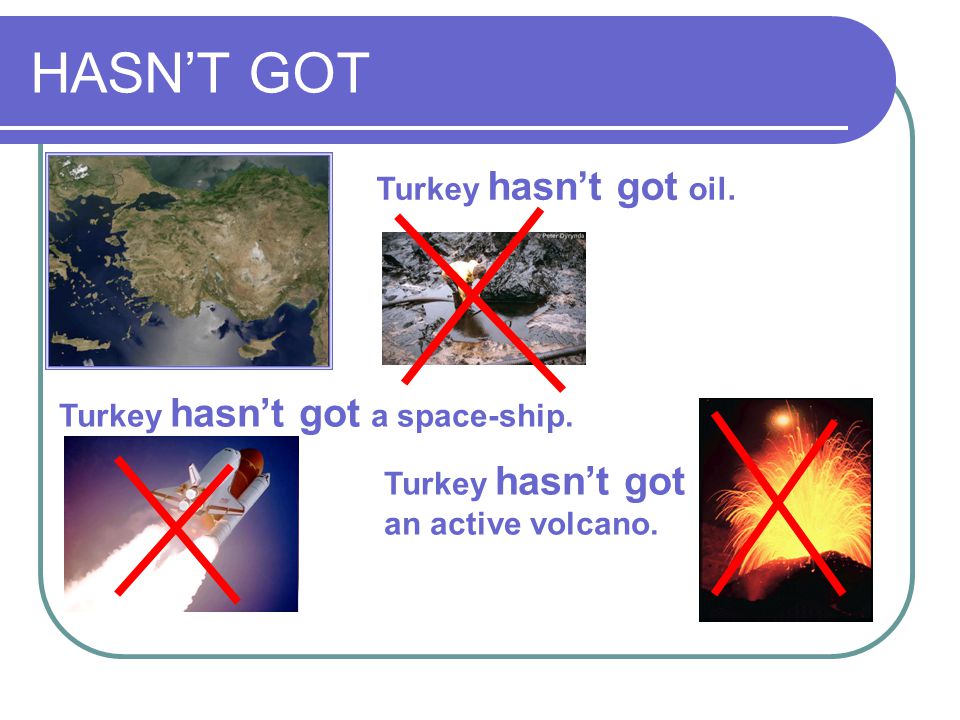 HASN’T GOT Turkey hasn’t got oil. Turkey hasn’t got a space-ship.