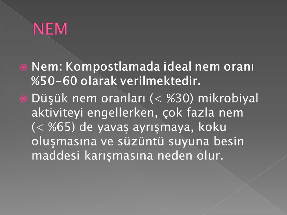 NEM Nem: Kompostlamada ideal nem oranı %50-60 olarak verilmektedir.