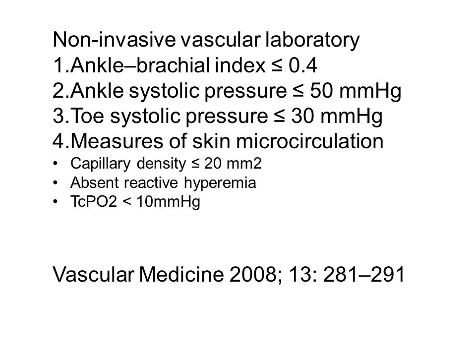 Non-invasive vascular laboratory Ankle–brachial index ≤ 0.4