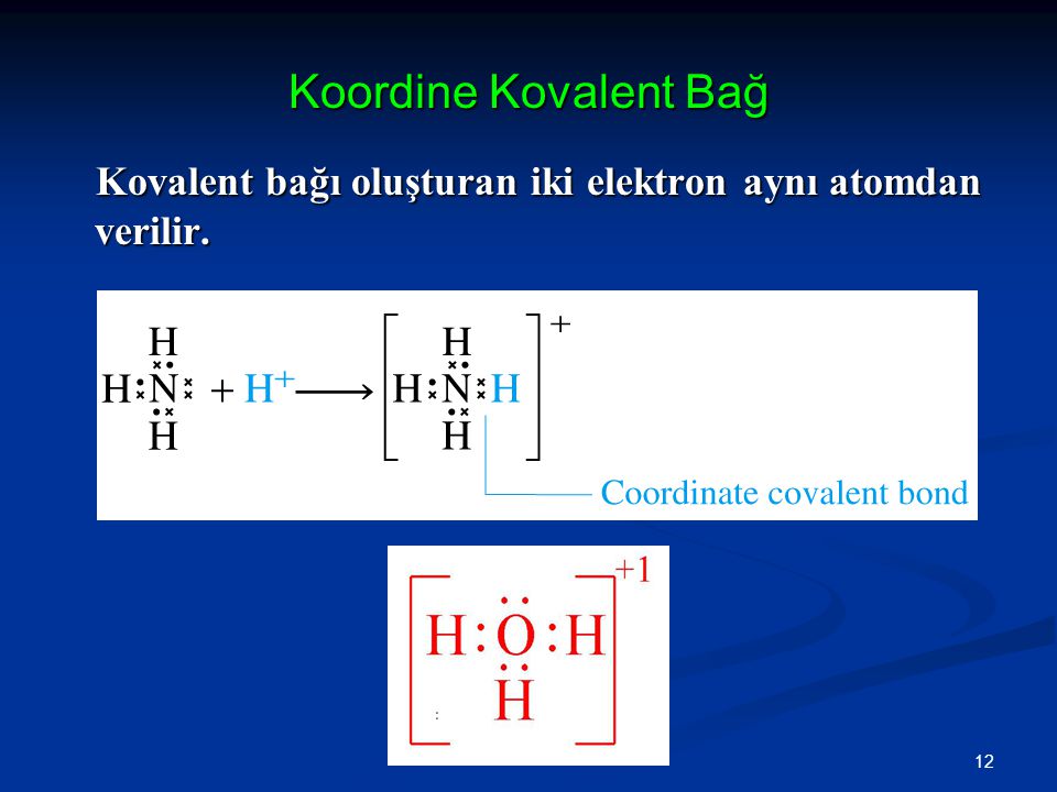 Koordine Kovalent Bağ Kovalent bağı oluşturan iki elektron aynı atomdan verilir.