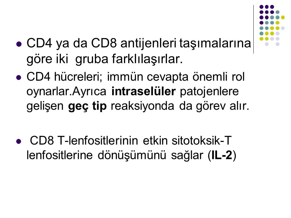 CD4 ya da CD8 antijenleri taşımalarına göre iki gruba farklılaşırlar.