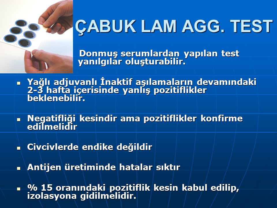 ÇABUK LAM AGG. TEST Donmuş serumlardan yapılan test yanılgılar oluşturabilir.