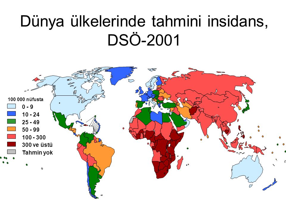 Dünya ülkelerinde tahmini insidans, DSÖ-2001