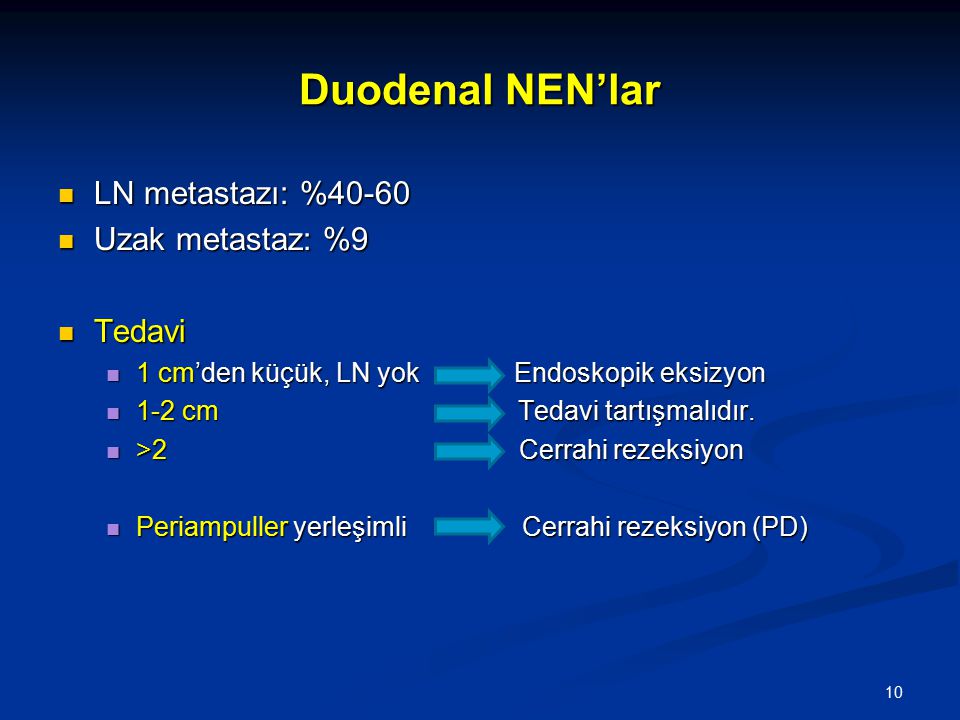 Duodenal NEN’lar LN metastazı: %40-60 Uzak metastaz: %9 Tedavi