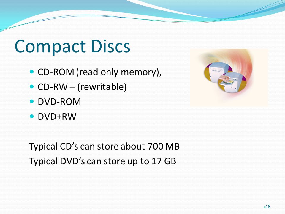 Compact Discs CD-ROM (read only memory), CD-RW – (rewritable) DVD-ROM
