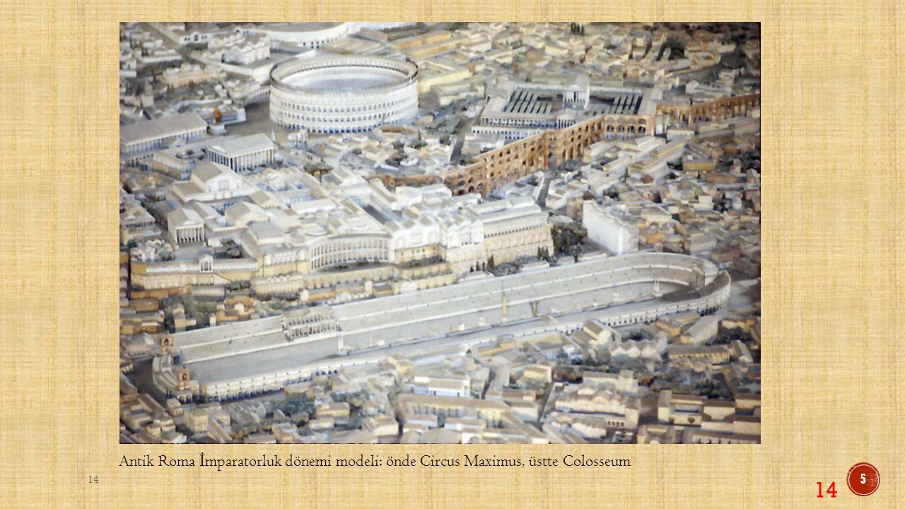 Antik Roma İmparatorluk dönemi modeli: önde Circus Maximus, üstte Colosseum