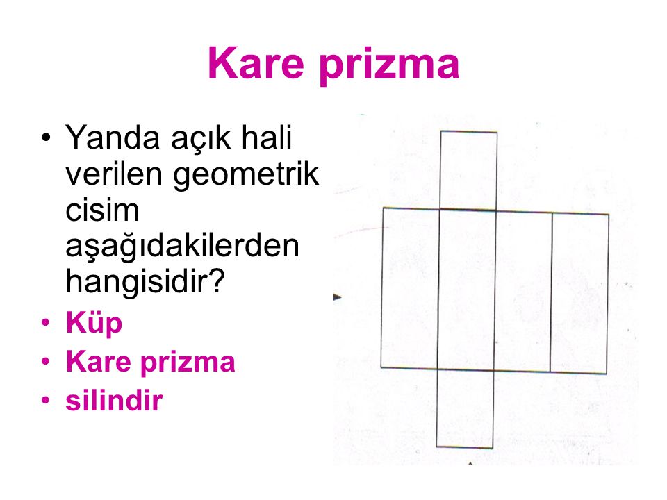 Kare prizma Yanda açık hali verilen geometrik cisim aşağıdakilerden hangisidir Küp. Kare prizma.