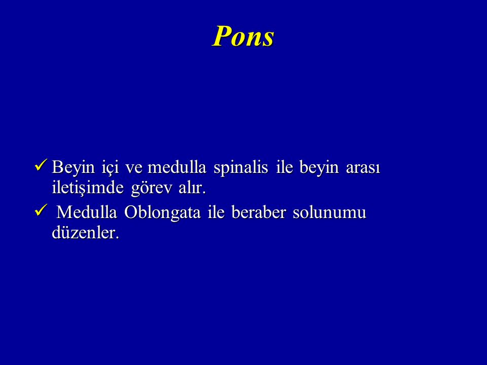 Pons Beyin içi ve medulla spinalis ile beyin arası iletişimde görev alır.