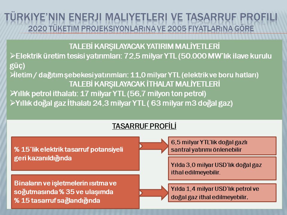 Türkiye’nin Enerji Maliyetleri ve Tasarruf Profili 2020 Tüketim Projeksiyonlarına ve 2005 Fiyatlarına Göre