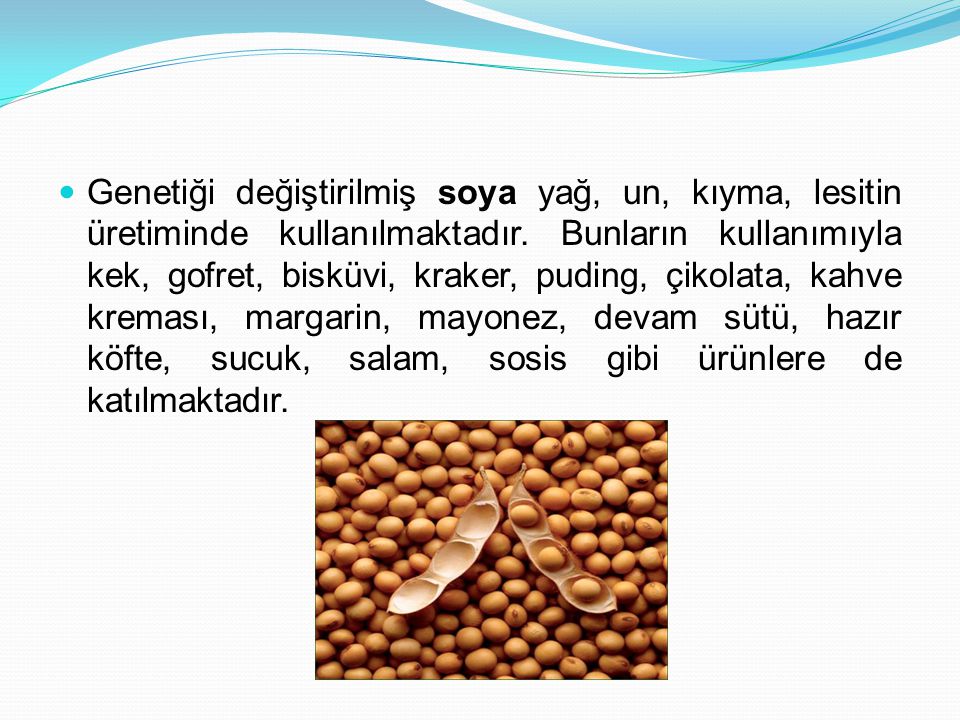 Genetiği değiştirilmiş soya yağ, un, kıyma, lesitin üretiminde kullanılmaktadır.