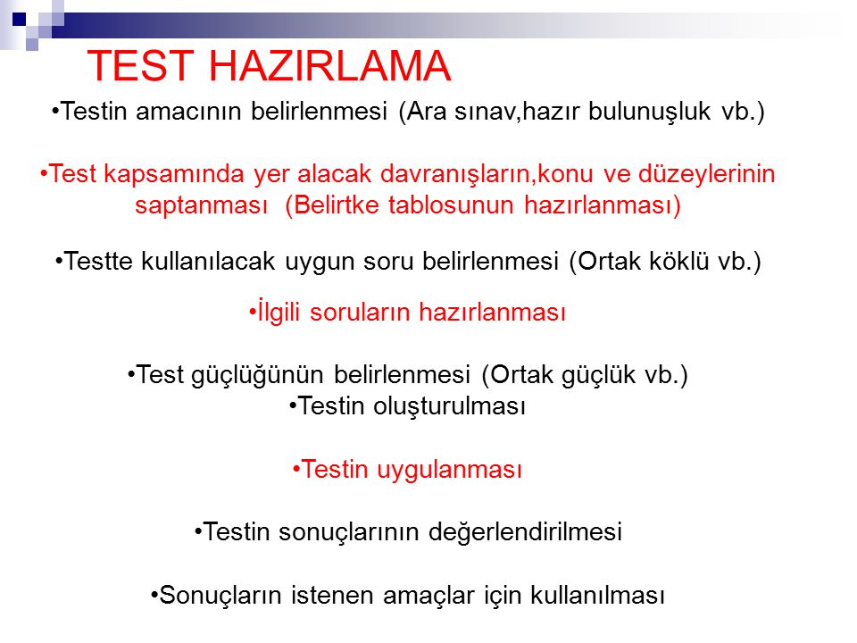 TEST HAZIRLAMA Testin amacının belirlenmesi (Ara sınav,hazır bulunuşluk vb.)