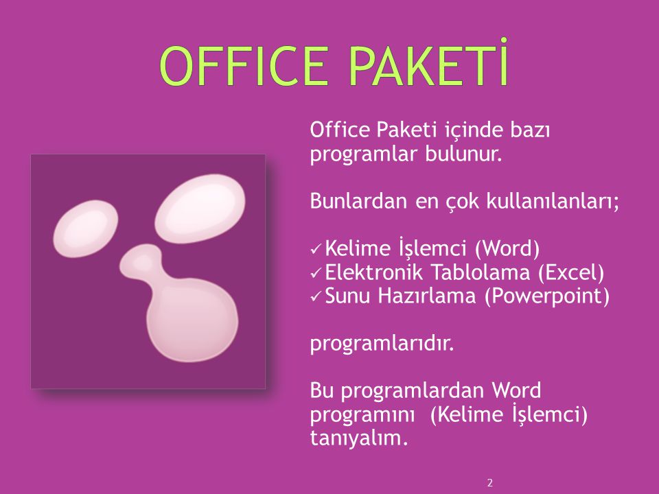 OFFICE PAKETİ Office Paketi içinde bazı programlar bulunur.
